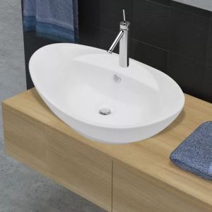 Lavabo ovale en c&eacute;ramique Vasque &agrave; Poser avec trou de robinet-Blanc