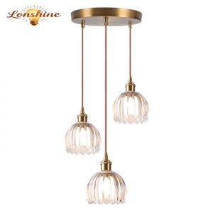 LONSHINE 3 T&ecirc;tes Moderne Lustre Suspension en Verre Transparent E27 Luminaire Abat-jour Forme de Fleur pour Salle &agrave; Manger Couloir