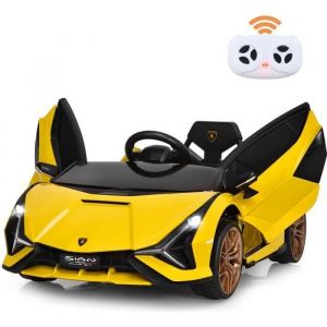 Lamborghini SIAN Voiture Électrique 12V Enfant Télécommande 24G Klaxon Musique 2 Portes Papillons Vitesses 3-5km/h Jaune
