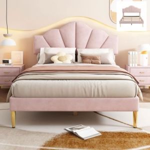 Lit Double 140x190cm Lit Adulte Lit Coquille avec Pieds En Fer Doré TêTe De Lit RéGlableRose