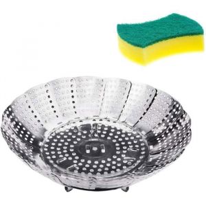Panier Vapeur INOX Paniers Cuit-Vapeur L&eacute;gumes Pliable avec &Eacute;ponge de Nettoyage pour Cuire L&eacute;gumes et Aliments ou Panier de