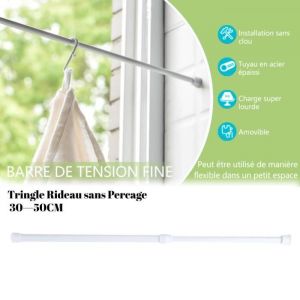 Tringle Rideau Sans Percage Barres de Vitrage Extensible，Barre Rideau R&eacute;glable pour Fen&ecirc;tre Blanc 30-50CM