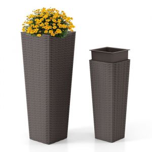 COSTWAY Lot de 2 Pots de Fleurs Bacs Intérieurs Amovibles Trous de Drainage Table Potagère en Osier Décoratifs en Rotin PP Café