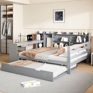 Lit combine 140x200 cm avec Lit gigogne bureau étagères compartiments de rangement et étagères avec prises Gris