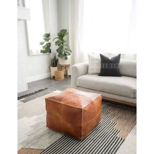 Pouf en Cuir Marron Carr&eacute; Marocain &ndash; 45cm x 45cm x 30cm &ndash; Cuir de Ch&egrave;vre V&eacute;ritable Fait Main Pouf Non Rempli pour D&eacute;coration &