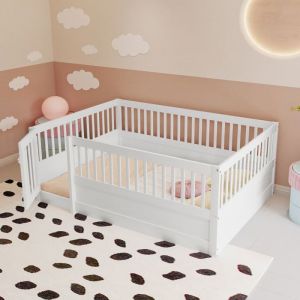Lit enfant 140x200 cm en bois massif avec barreaux de s&eacute;curit&eacute; et porte blanc - Id&eacute;al pour chambre denfant - Sans Matelas