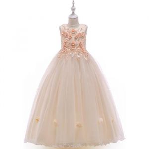 Robes Longue de Cérémonie Princesse Fille en Dentelle Sans Manches Robe Brodée de Soirée Mariage 4-14 Ans