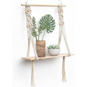 Etagere Murale Bois Macramé Boheme Deco Plantes Simple Houppe Manuel Tissé Chambre Salon WC Etagere Suspendue Corde
