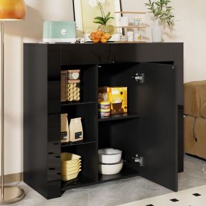 Buffet - Buffet Moderne Noir Laqué avec Bahut Compact Portes et Étagères en Verre Meuble Polyvalent pour Salon 95×35×83 cm Noir