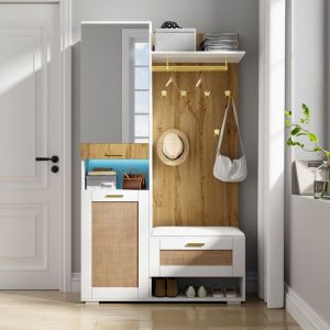 Ensemble vestiaire dentr&eacute;e 110x38x190cm - avec 3 ports et miroir - 5 pat&egrave;res+meuble &agrave; chaussures - avec LED - naturel+blanc