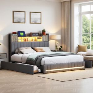 Lit adulte 140x190 cm - lit 140x190 cm avec sommier &agrave; lattes - cadre de lit double 140x190 avec LED et 4 tiroirs - gris - tissu lin