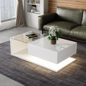 Table basse 105&times;55&times;325 cm blanc laqu&eacute; avec plateau en verre tremp&eacute; et LEDs 16 couleurs