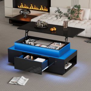 Table basse relevable noire avec rangement cach&eacute; table de canap&eacute; LED 1 tiroirsalon/chambre 96&times;45&times;40 cm