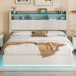 Lit Coffre 160x200 CapitonneLit Double avec Sommier Lit Capitonné avec Tete de Lit Adultes avec Led et Usb Lit Rembourré Blanc