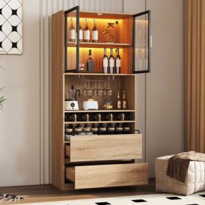 Vitrine - Argentier Meuble Salle De Bain 180cm Portes Vitrées Éclairage - Cave À Spiritueux Design Élégant - Naturel