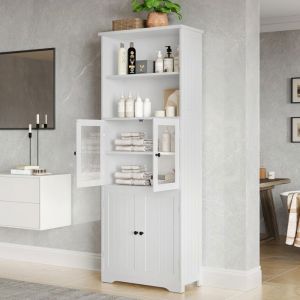 Colonne de Salle de Bain Haute 160 cm - Merax - Meuble de Rangement Blanc avec Porte Vitr&eacute;e &Eacute;tag&egrave;res R&eacute;glables