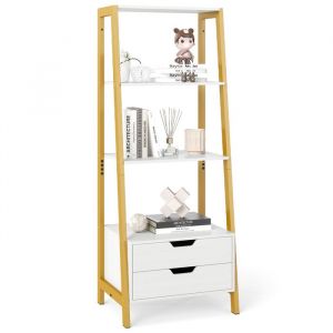 COSTWAY Bibliothèque Échelle Autoportante 134 CM avec 4 Étagères Ouvertes 2 Tiroirs pour Chambre Salon Bureau Blanc et Or