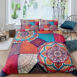 Fleurs de mandala boho imprim&eacute; Parure de lit 3 pieces 1 housse de couette 200*200cm et 2 taies doreillers 63*63cm