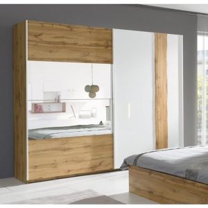 Armoire garde robe WOOD petit modèle deux portes coulissantes. Coloris chêne et blanc laqué. Meuble pour chambre à coucher.