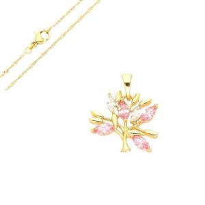 Collier - Femme - Cha&icirc;ne et Pendentif - Arbre de Vie - Cristal - Rose - Plaqu&eacute; Or Jaune 750/1000 - 3 Microns - 45 cm