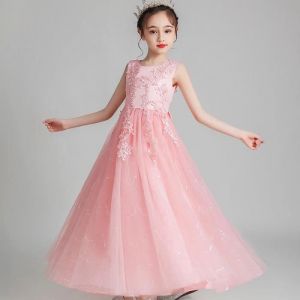 Robe de Soirée de Mariage Fille Sans Manches en Tulle Robe Princesse Cérémonie Pour 4-14 Ans - Rose