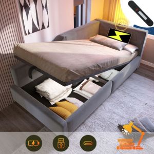 MODFU Lit coffre Lit enfant Lit simple 90 x 190 cm avec fonction lampe de lecture et chargement USB-C velours gris