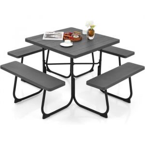 COSTWAY Table de Pique-Nique Ronde avec 4 Bancs pour 8 Personnes Trou pour Parasol Table de Camping pour Terrasse Jardin Noir