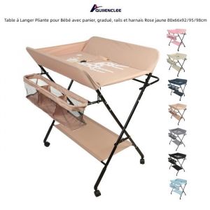 QUIIENCLEE Table à Langer Pliante pour Bébé avec panier gradué rails et harnais Rose jaune 80x66x92/95/98cm [Motif de girafe]