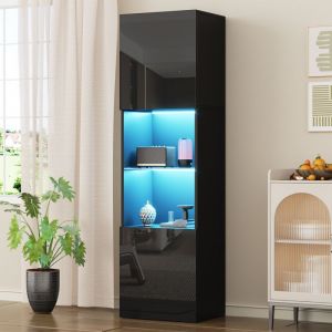 Vitrine noire brillante avec éclairage LED 1 plancher de verre 45 * 35 * 160 cm vitrine vitrine indépendante armoire haute c