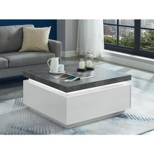 Table basse HALO II - 2 tiroirs - MDF laqué - Avec LEDs - Blanc et Béton