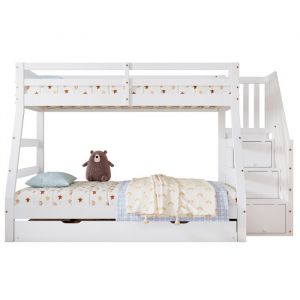 Lit superposé enfant 3 places 90x190 +90/120x200CM -lit gigogne avec armoire à échelle et accoudoirs pin + MDF blanc
