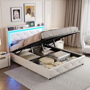Lit Coffre 160x200cm avec Tête de Lit LED et Ports USB Lit Double avec Rangement Sommier à Lattes Tissu en Simili Cuir Blanc