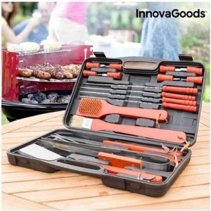 Ustensiles de barbecue - InnovaGoods - Set 18 pi&egrave;ces - Mallette pratique - Acier inoxydable - Bois