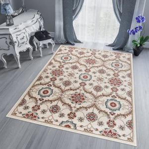 TAPISO Dubai Tapis Salon Chambre Traditionnel Floral Cr&egrave;me Marron Rouge Bleu Fin 300 x 400 cm