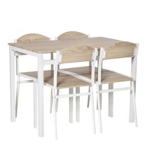 Groupe de repas avec 5 meubles : une table et 4 chaises en MDF imitation bois et m&eacute;tal blanc cass&eacute; pour une salle &agrave; mange