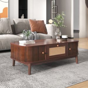 Table basse salon tiroir avec garniture en rotin et porte coulissante Pieds bois massif Style rustique naturel 110x55x38.5cm Noyer