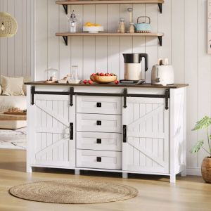 Buffet cuisine 4 tiroirs et 2 portes Meuble bas de rangement Style campagne 137x40x81.5 cm Blanc Buffet bahut pour salon