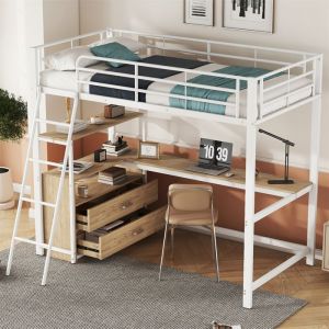 Lit Mezzanine Adulte 90x200 avec Bureau en L Lit Mezzanine 1 Place Enfant avec Tiroirs de RangementÉtagèresCadre en MétalBlanc