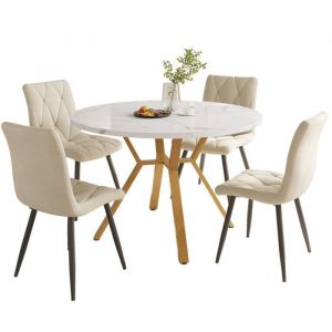 Ensemble Table &agrave; Manger Rond Plateau 50cm Hauteur 75cm + 4 Chaises Velours Beige Pieds Or - Design Moderne