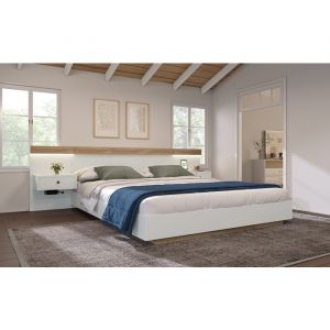 Lit 140x200 cm en bois blanc et ch&ecirc;ne Sonoma avec 2 chevets LED int&eacute;gr&eacute;s et prises USB‑C &ndash; design flottant