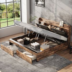 Lit coffre - TKOPY - Lit adulte double 180x200 cm avec tête de lit de rangement - Lit rembourré avec rangement - Couleur bois+Noir