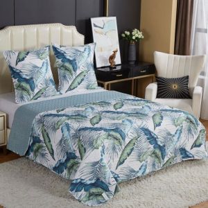Couvre-lit Boutis épais matelassé - B-1-150 - 220x240cm - 2 Taies 65x65cm - Vert - Lavable
