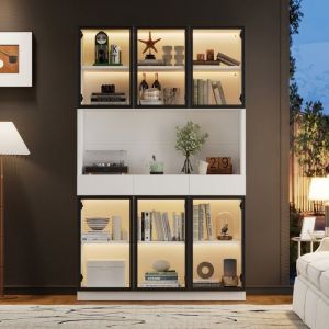 Vitrine Blanche 200cm Portes Vitrées LED - Bibliothèque Éclairée Multi-Rangements Pour Salon&Chambre&Bureau-Cadre Noir & Blanc