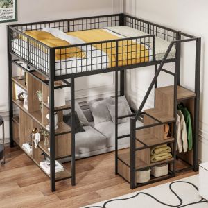 Lit mezzanine 140x200 cm avec escalier - lit adulte et enfant avec rangements étagères - métal + MDF - Noir