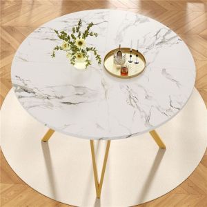 Table Salle &agrave; Manger Ronde Blanche 2 &agrave; 4 Personnes Table Ronde 100 cm Moderne Effet Marbre avec Pied en M&eacute;tal Dor&eacute; pour Cuisine