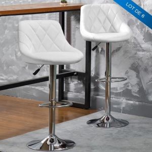 Lot de 6 Tabouret de Bar Dossier Blanc Rembourr&eacute; Pivotantes et r&eacute;glables en Hauteur - LUXS