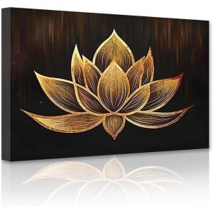 Peinture Zen Toile Tableau de Fleur Lotus Noir et Or Abstraite adaptée décoration Murale Salle de méditation Spa avec Cadre 40x60cm