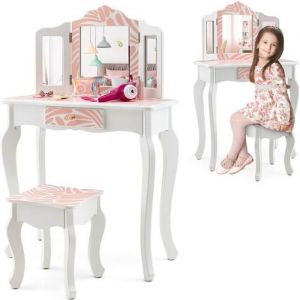 DREAMADE 2 en 1 Coiffeuse et Tabouret pour Enfants avec Miroir D&eacute;tachable &agrave; 3 Volets Dispositif Anti-Basculement Motif Z&egrave;bre Rose