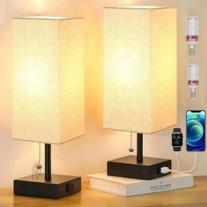 Lot de 2 Lampe de Chevet 3 Couleur Modes(3000/4000/5000K) avec Ports de Charge USB-A+C Ampoule LED Interrupteur &agrave; Cha&icirc;nette
