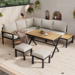 Salon de jardin ext&eacute;rieur 4 pi&egrave;ces canap&eacute; d&rsquo;angle 2 tabourets et table avec plateau en bois plastique